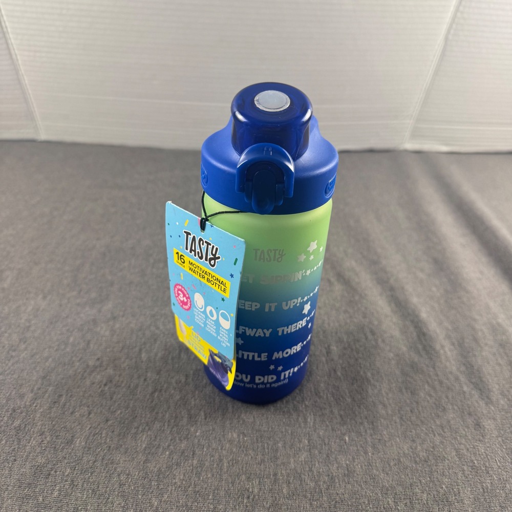 Tasty‎ 16oz Motivational Water Bottle Green Blue Ombre Kids Leak Proof Straw Lid